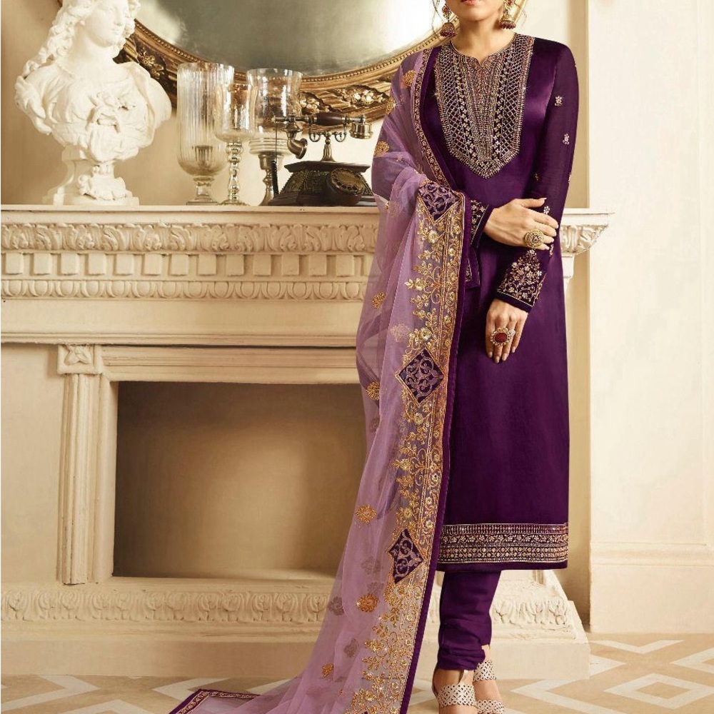 Satin Purple Embroidered Suit with chudidaar, gorgeous net heavy work Dupatta